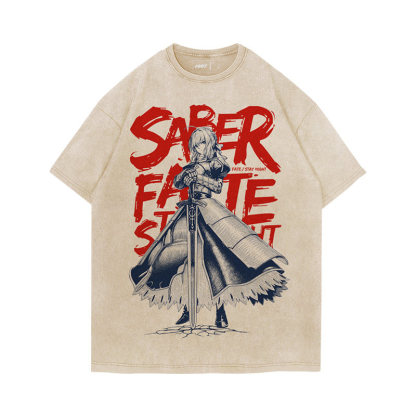 Fate吾王呆毛Saber水洗做舊 2026親子情侶男女同款 印花水洗短袖