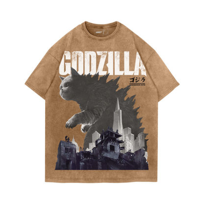 貓咪Godzilla水洗做舊  印花水洗短袖
