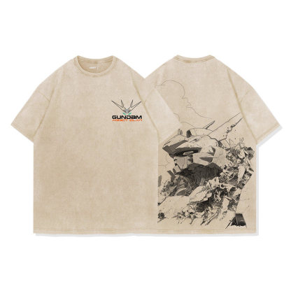高達戰爭與和平水洗做舊 2026親子情侶男女同款 印花水洗短袖