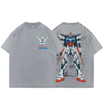 高達機械解剖圖水洗做舊 2026親子情侶男女同款 印花水洗短袖