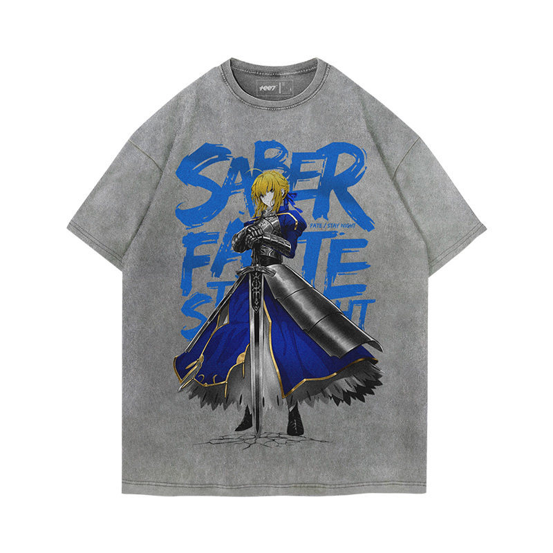 Fate吾王呆毛Saber水洗做舊 2026親子情侶男女同款 印花水洗短袖