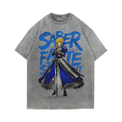 Fate吾王呆毛Saber水洗做舊 2026親子情侶男女同款 印花水洗短袖