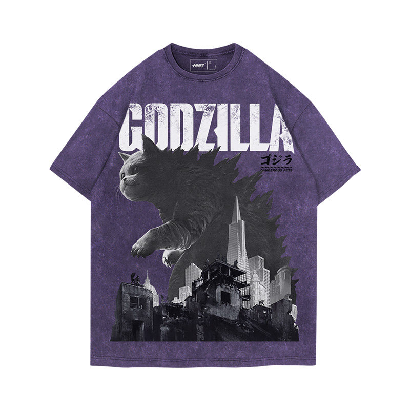 貓咪Godzilla水洗做舊 印花水洗短袖