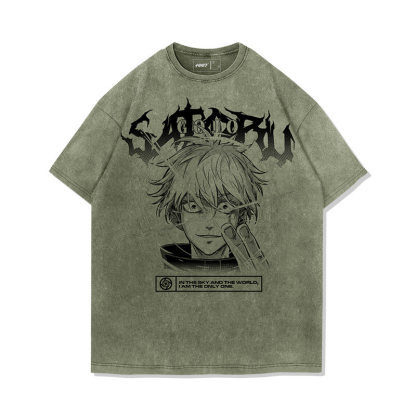 咒術迴戰五条悟水洗做舊 2026親子情侶男女同款 印花水洗短袖