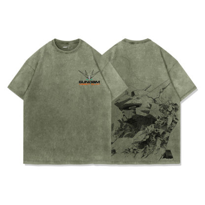 高達戰爭與和平水洗做舊 2026親子情侶男女同款 印花水洗短袖