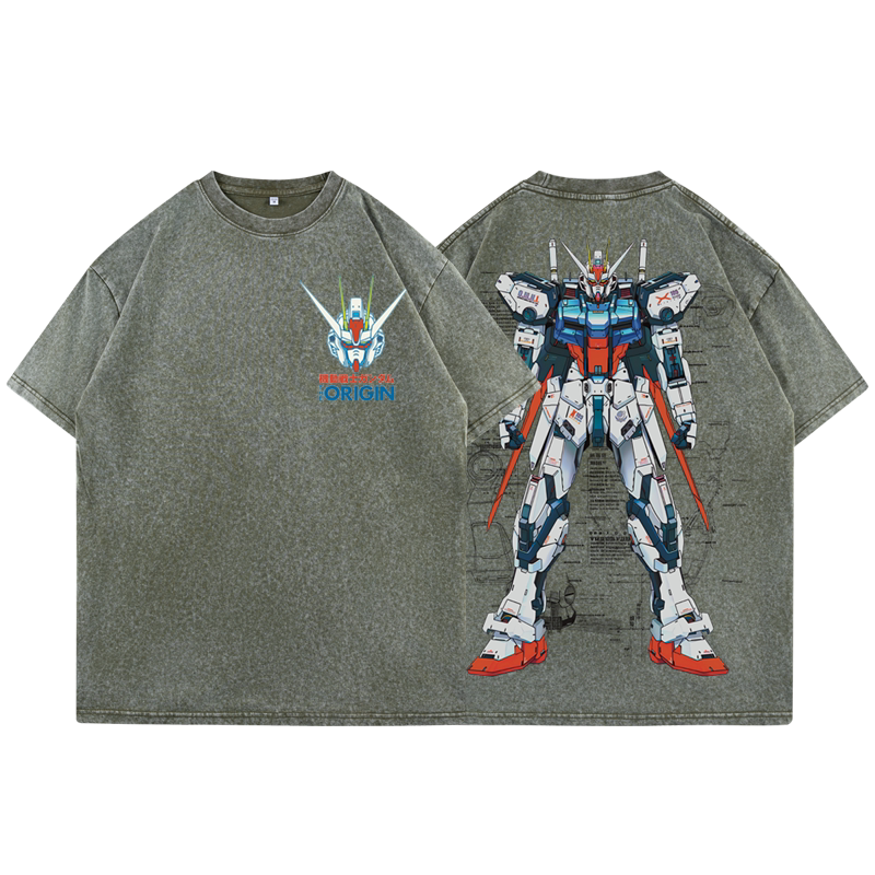 高達機械解剖圖水洗做舊 2026親子情侶男女同款 印花水洗短袖