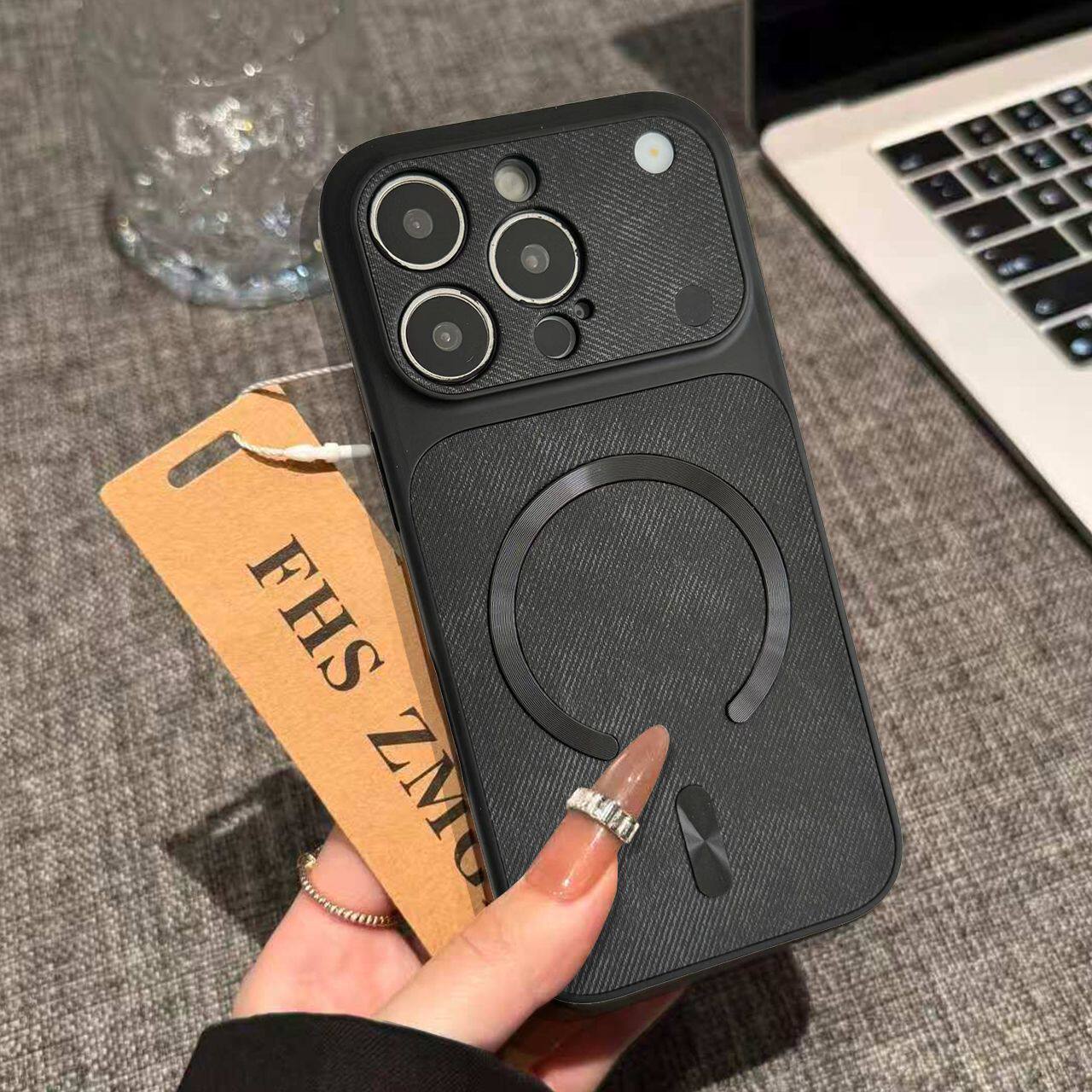 IPhone系列 輕奢極光圈大視窗牛仔布紋Magsafe磁吸手機殼