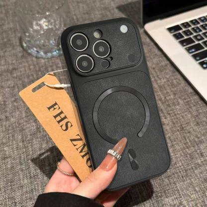 IPhone系列 輕奢極光圈大視窗牛仔布紋Magsafe磁吸手機殼