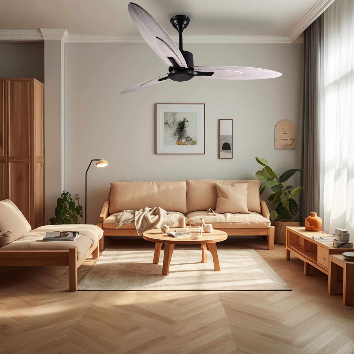 BL-3007 52" 3 Pcs Solid Wood Black Modern Remote Control Ceiling Fan