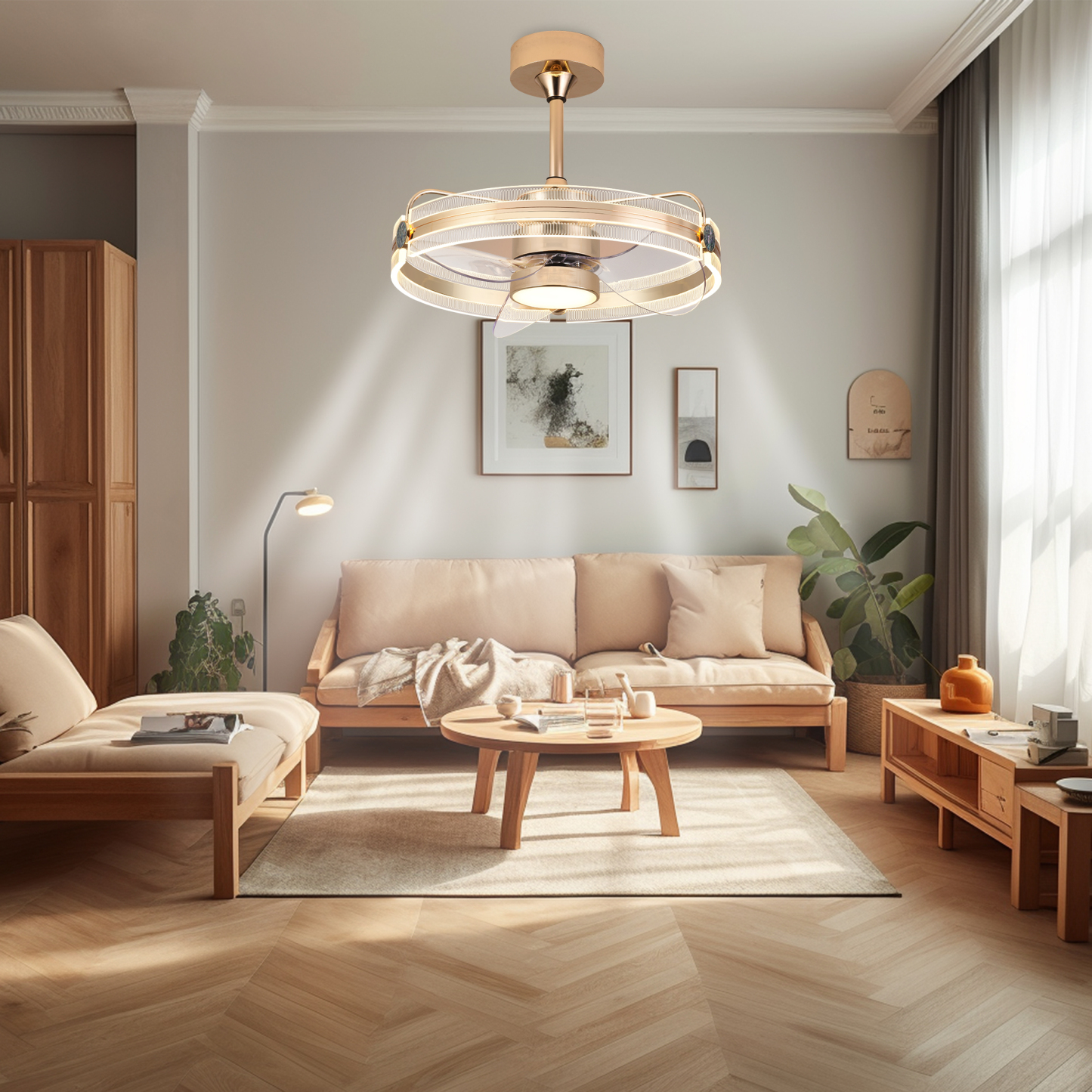 BL-7043 3 pcs ABS Gold round led dimmable ceiling lighting fan