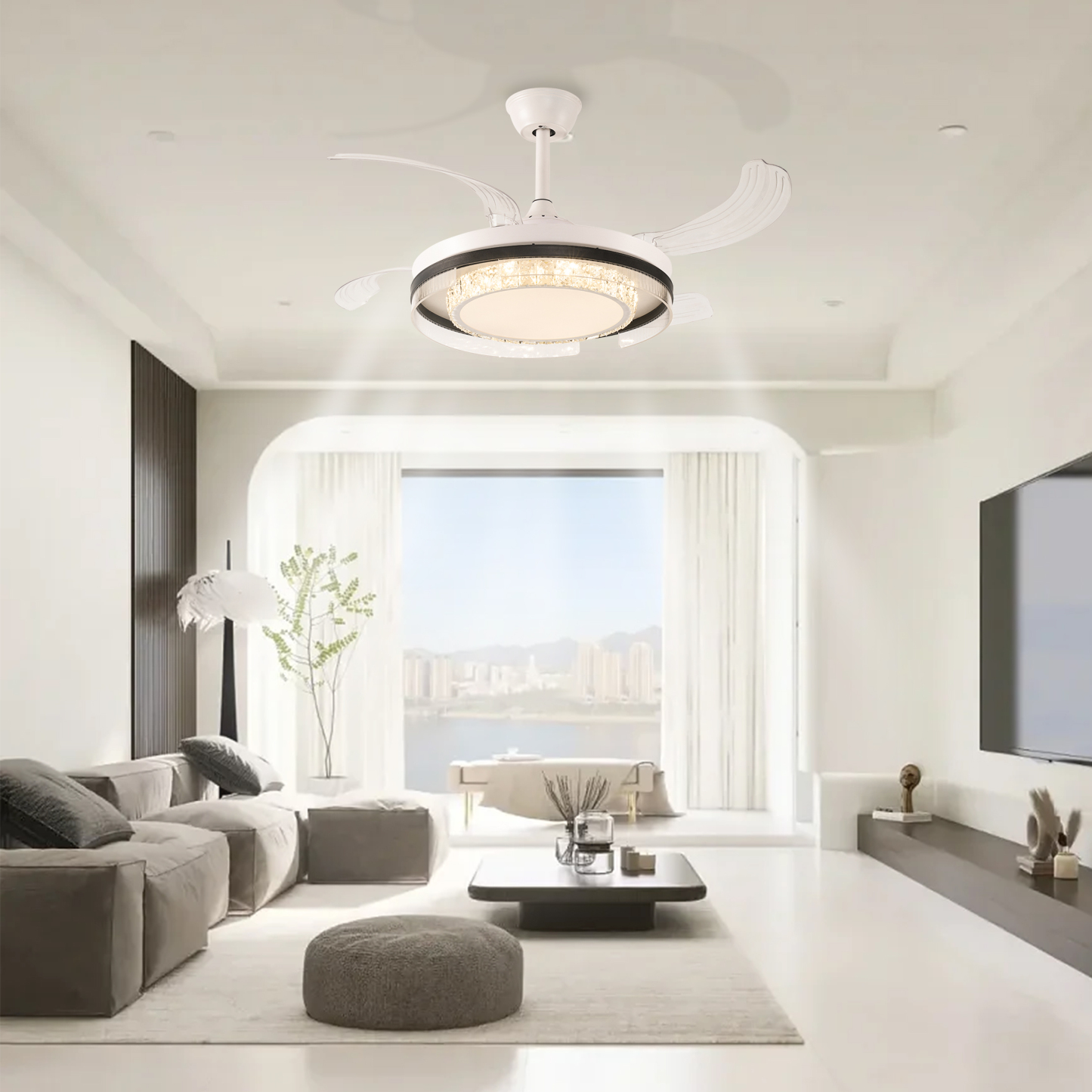 BL-2957 48" 4 Pcs Pc White+Black Best Warm White Light Ceiling Fan With Led Light