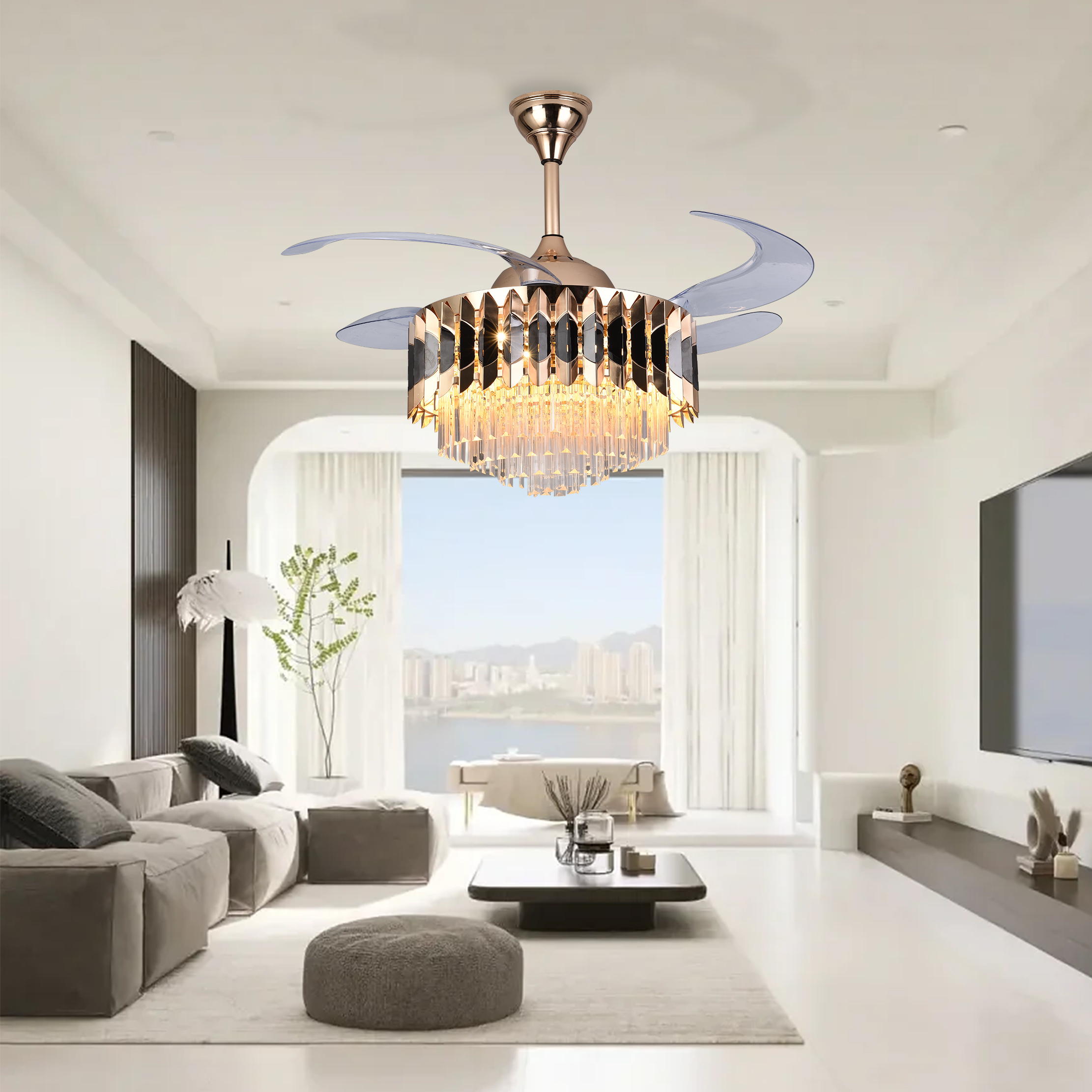 BL-3047 42"/48" 4 Pcs Pc S Gold +Black Retractable Ceiling Fan With Crystal