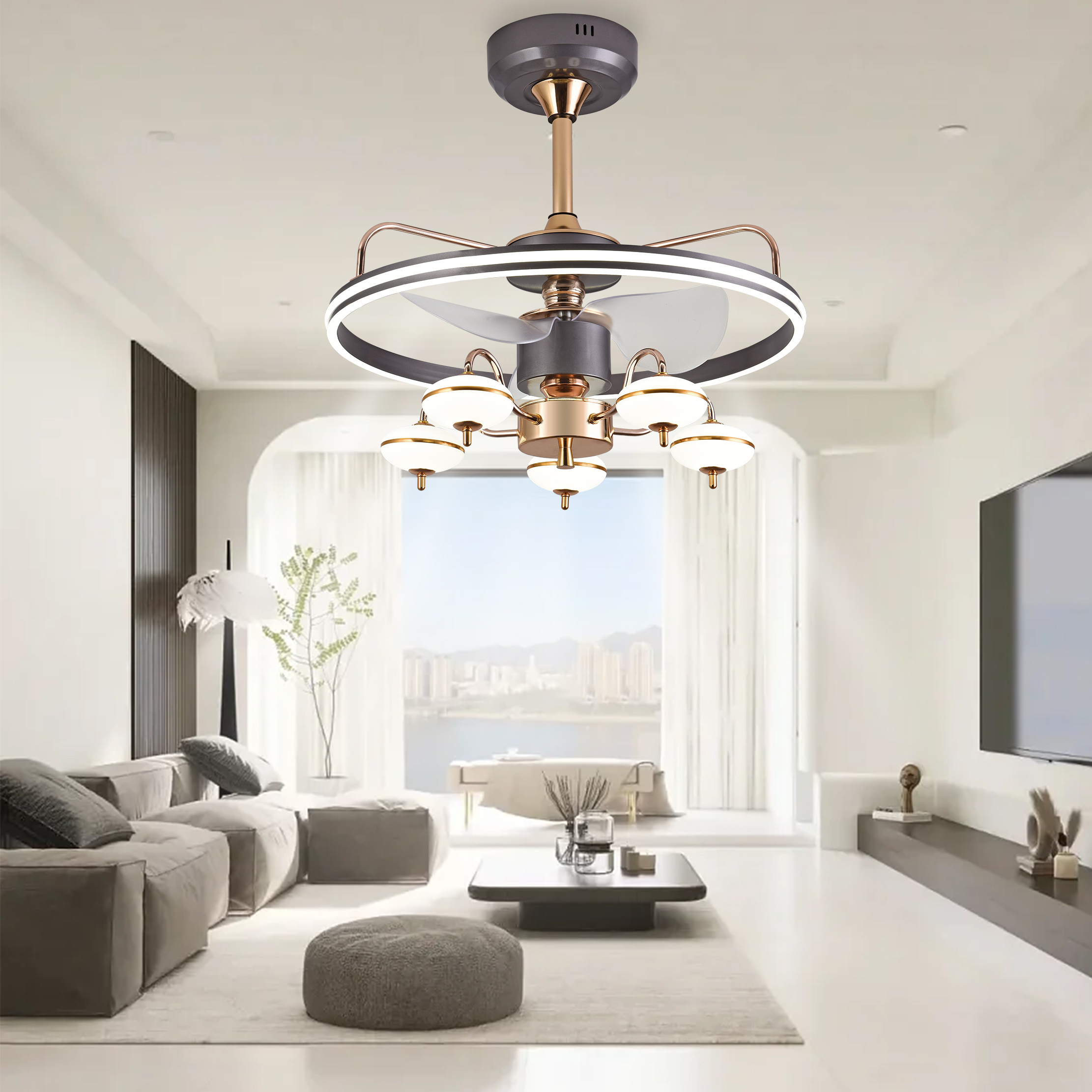 BL-7067 22" 3 Pcs Pc Coffee Remote Control Modern Ceiling Fan Lamp Energy Saving Multi-Speed