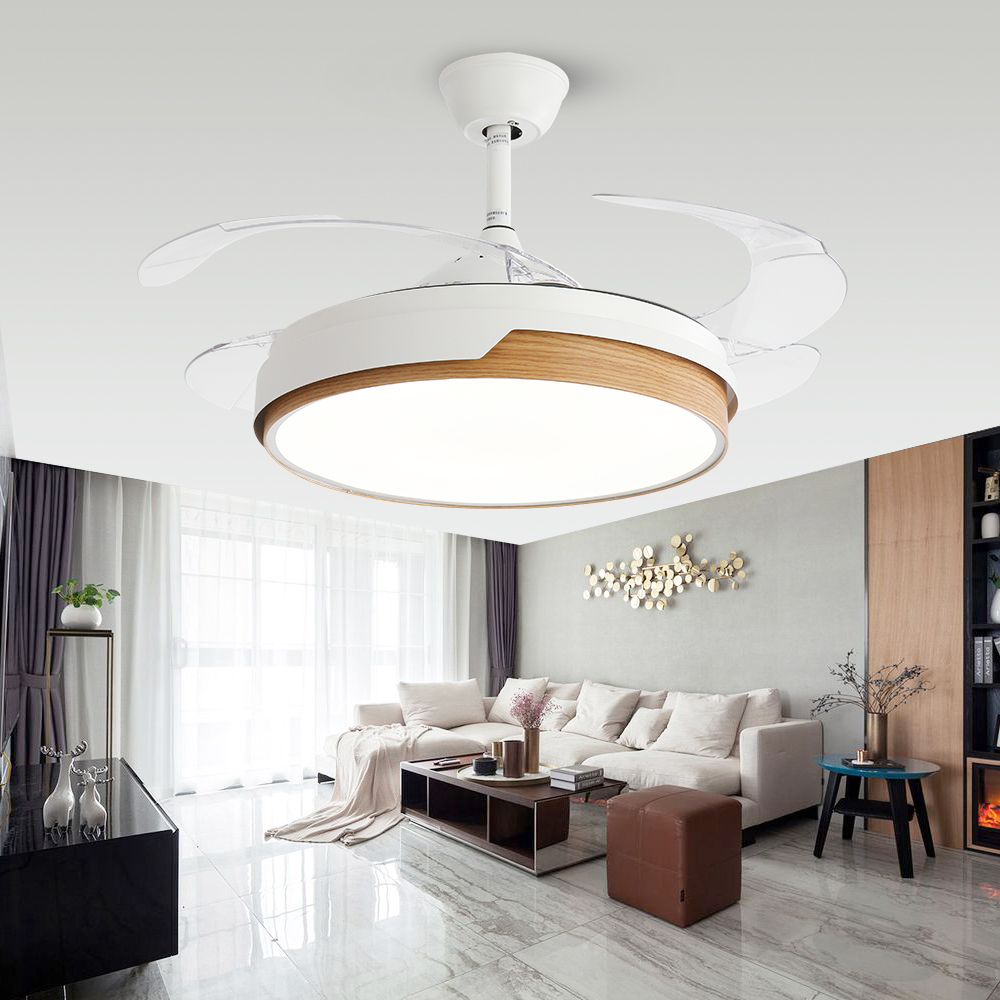 BL-2212 42"/48" 4 Pcs Pc White+Wood Grain Modern Ceiling Fan With Led Light Retractable