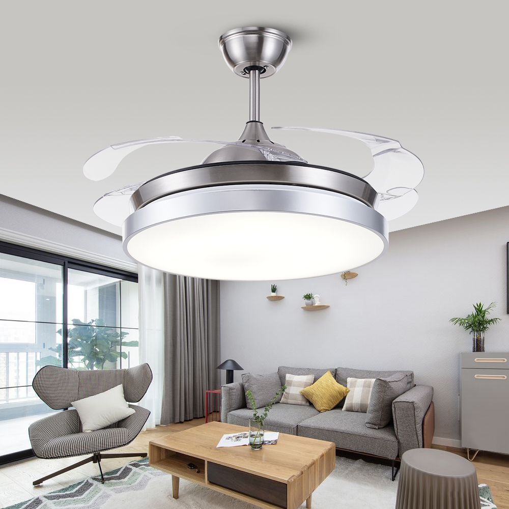 BL-2159 42"/48" 4 Pcs Pc Sand Nickel+Silver Retractable Blade Ceiling Fan With Light