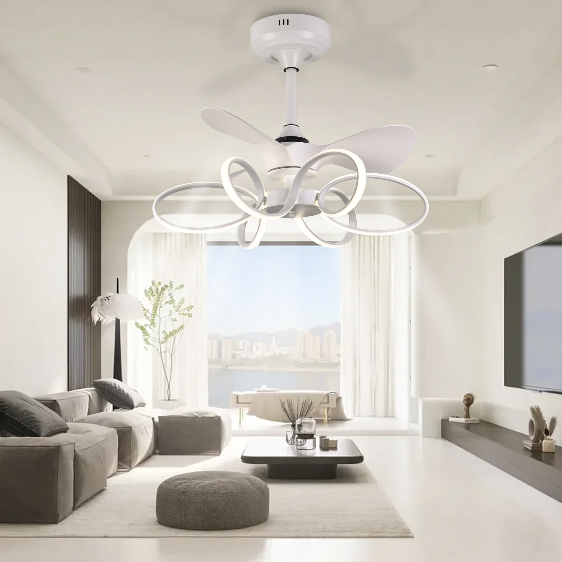 BL-7056 22" 3 Pcs Pc White Remote Control Minimalist Fashion Ceiling Fans With Led Lights