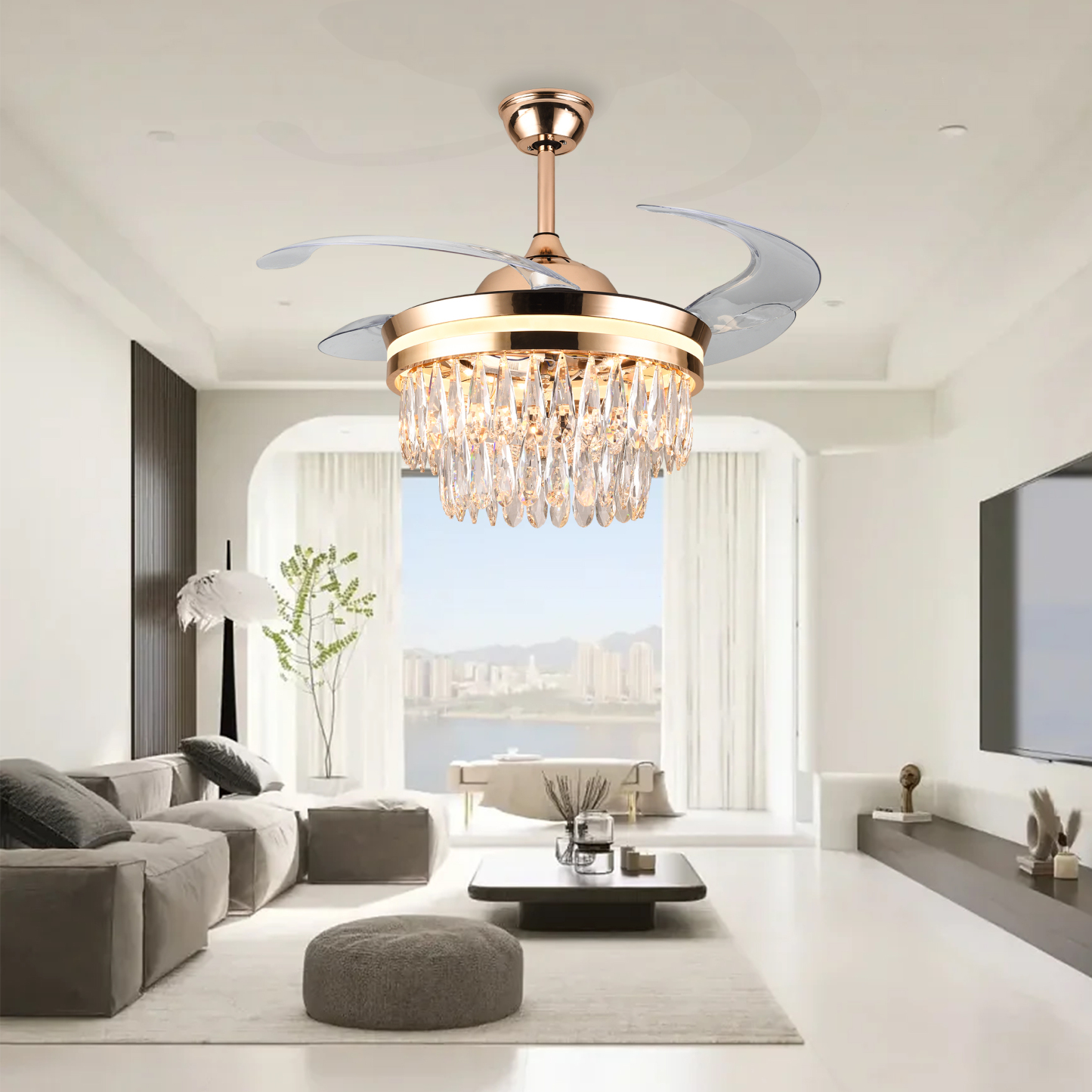 BL-3024 42"/48" 4 Pcs Pc Slient Design Gold Retractable Ceiling Fan With Light