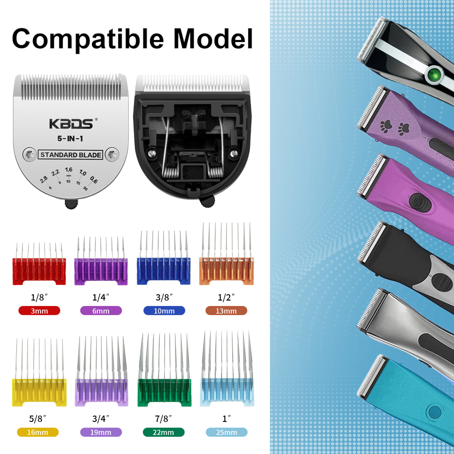 KBDS Professional Animal Stainless Steel Clip Attachment Guide Comb Set for 5-in-1 Detachable Blade