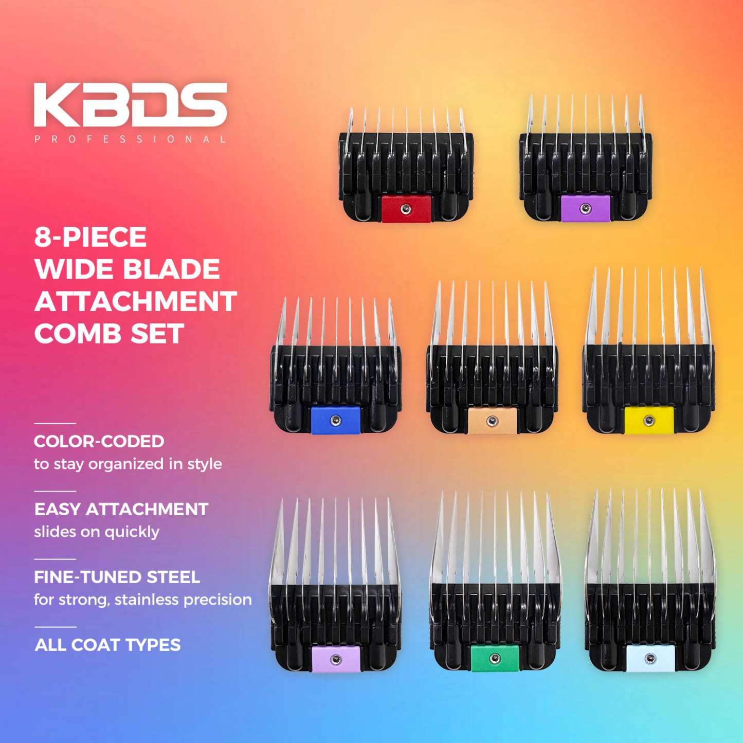 KBDS Professional Animal Stainless Steel 8 Colors Comb Set for A5-style Detachable Blade Clippers