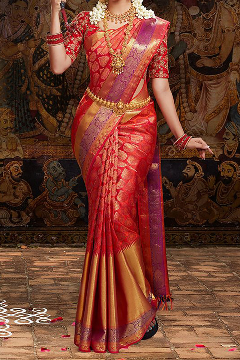 Buy Naishu Trendz Woven, Embellished, Floral Print, Solid/Plain Kanjivaram  Pure Silk, Art Silk Red Sarees Online @ Best Price In India | Flipkart.com