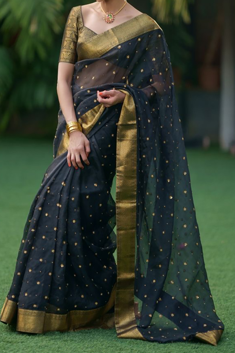 Cutwork Linen Saree in Black with Green borders