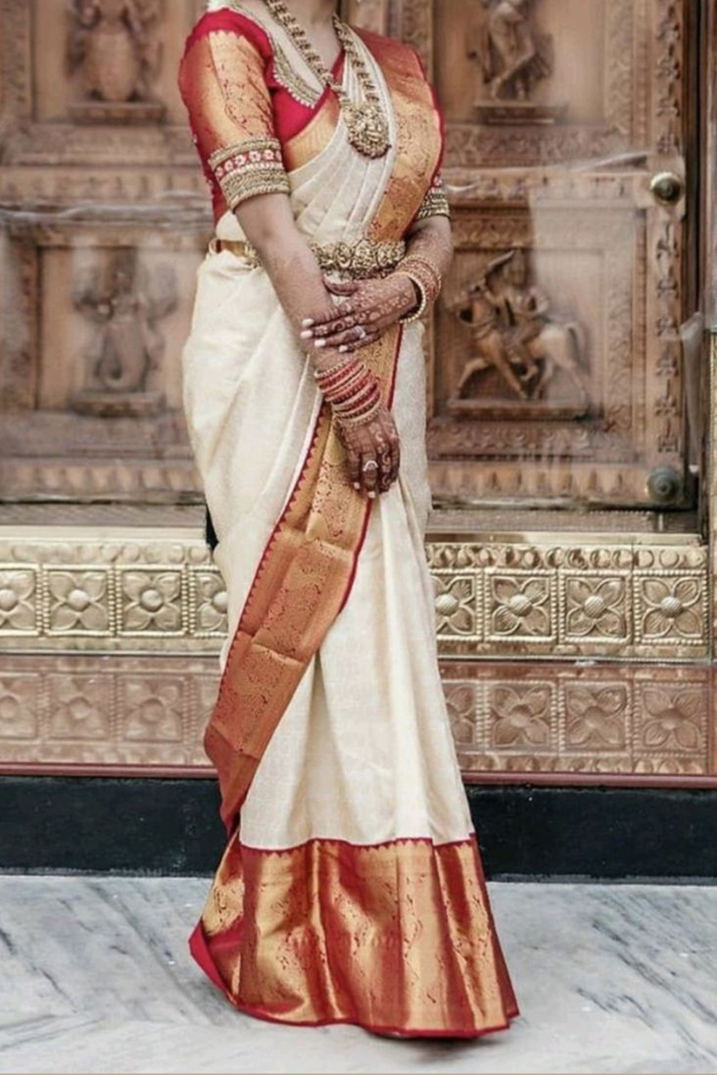 POCHAMPALLY SILK SAREE Cream With Red Color - Weavesarees.com –  weavesarees.com