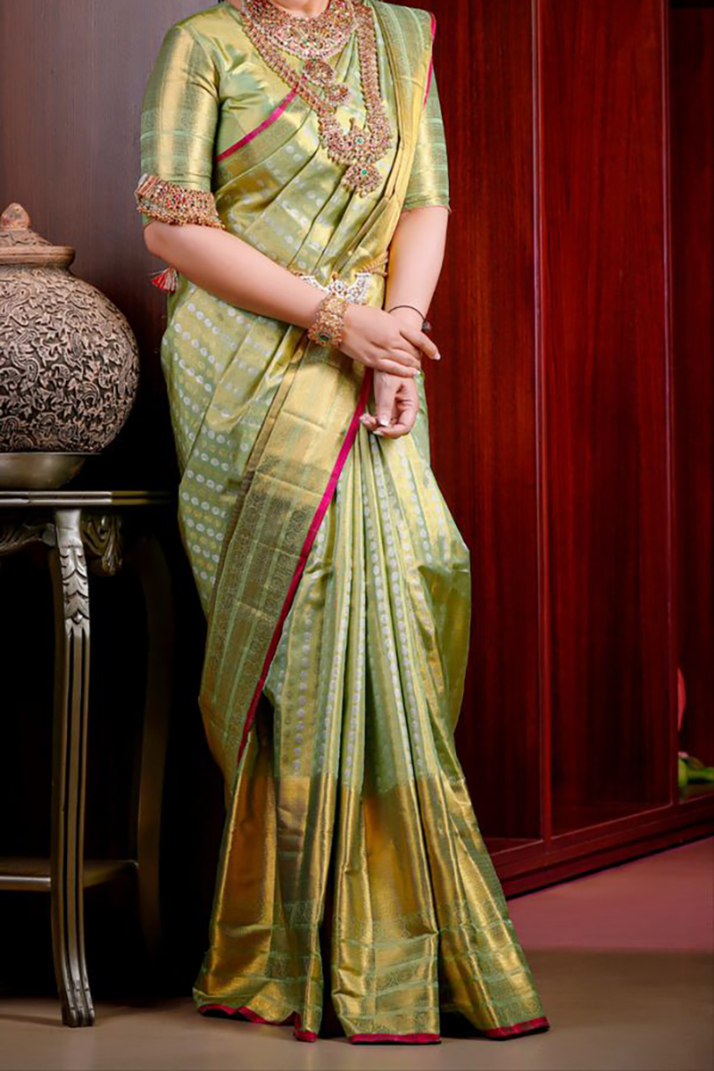 Light Green Zari Woven Khadi Silk Saree with Contrast Blouse – Sarvati