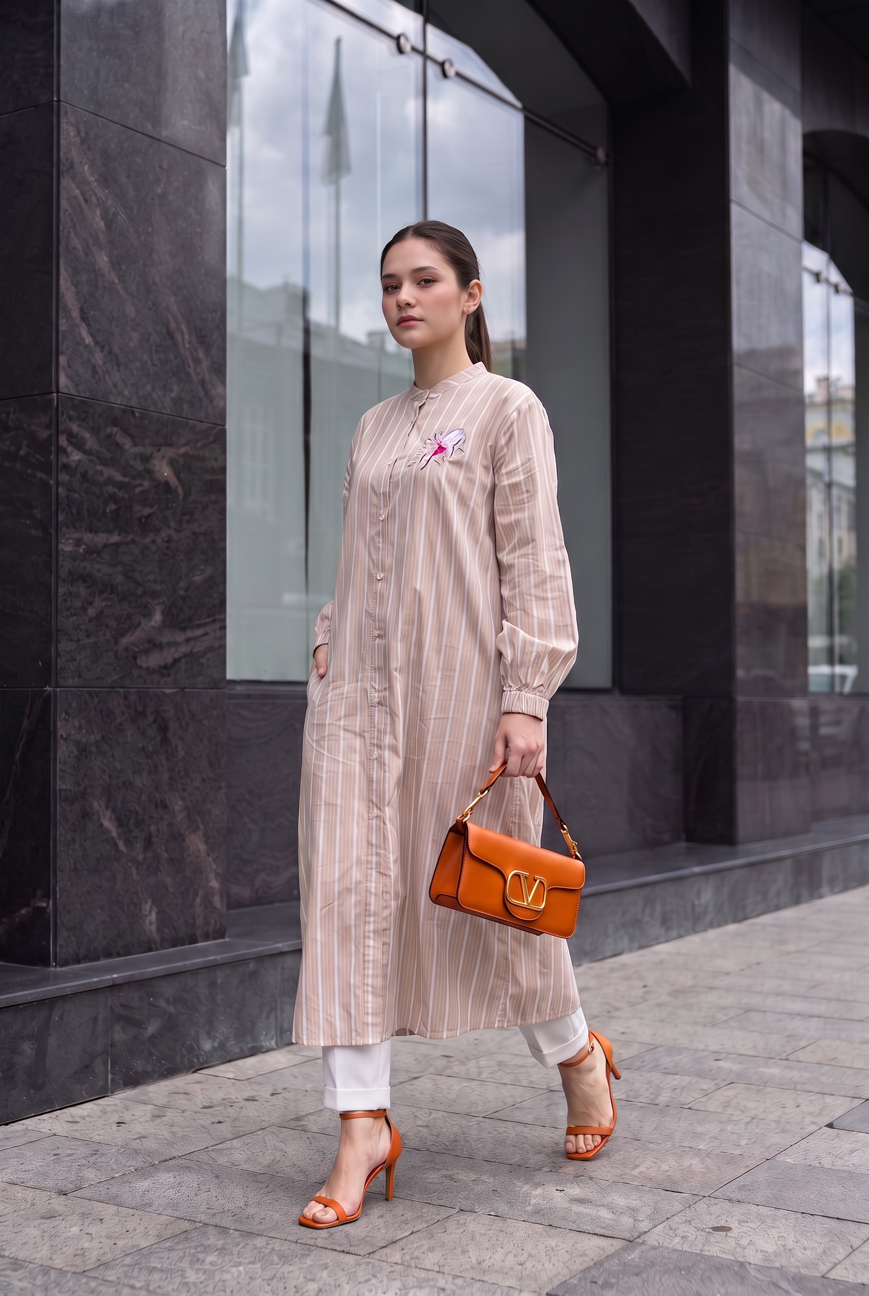 Ghalia Floral Embroidered Long Top with Pockets & Button-Down Front