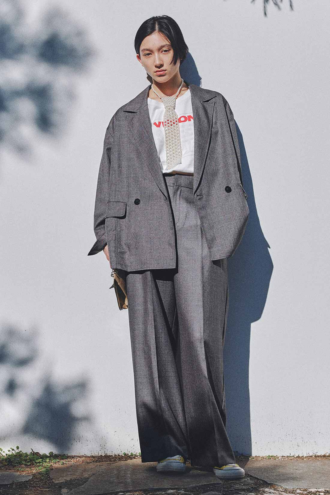 F1｜Sharkskin Wide Trousers - Silver Charcoal Gray