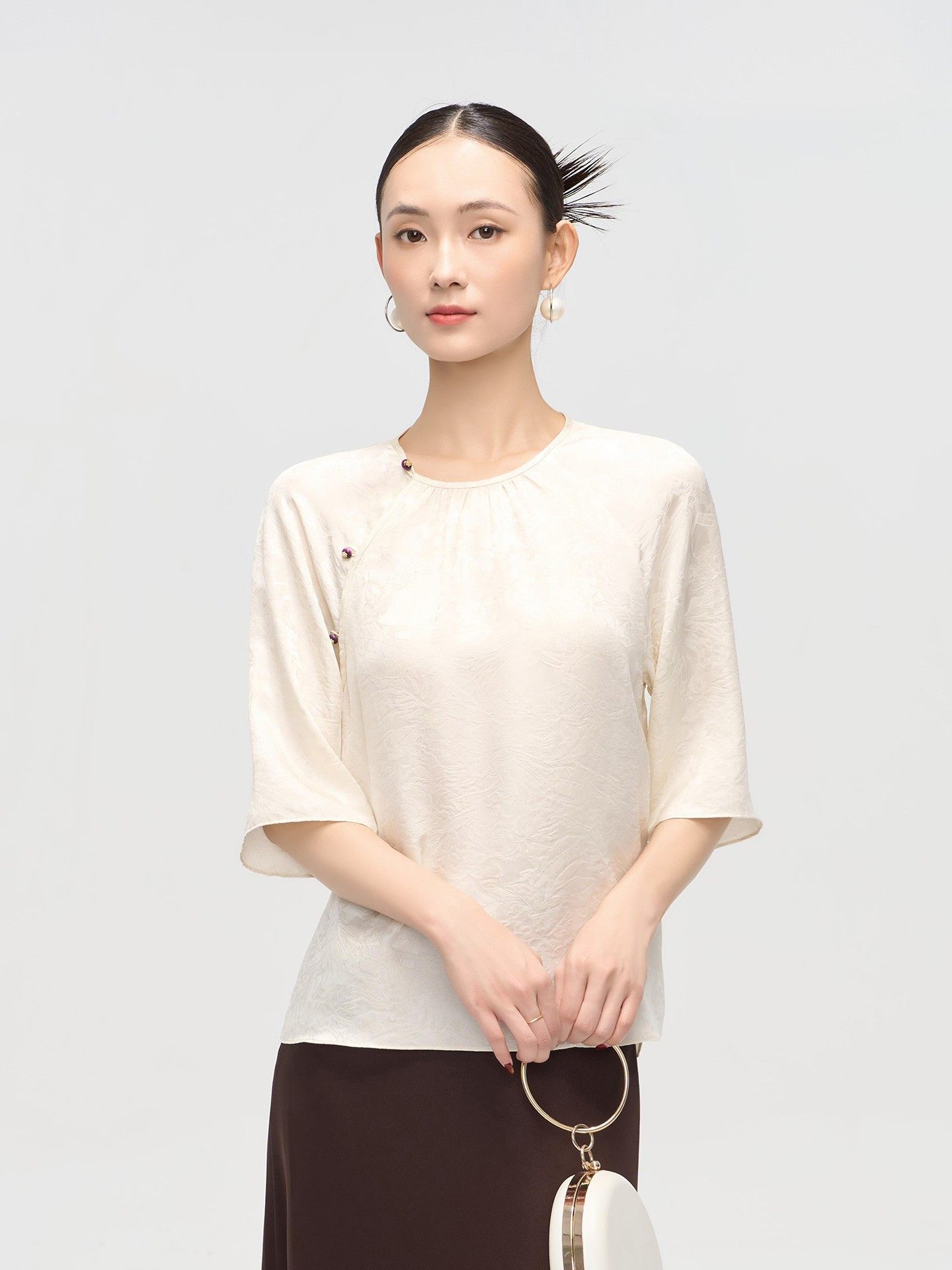 A13L|[LAST 1 PC SALE] 19mm Mulberry Silk- Elegant Cheongsam Long Sleeve Top (100% Mulberry Silk)