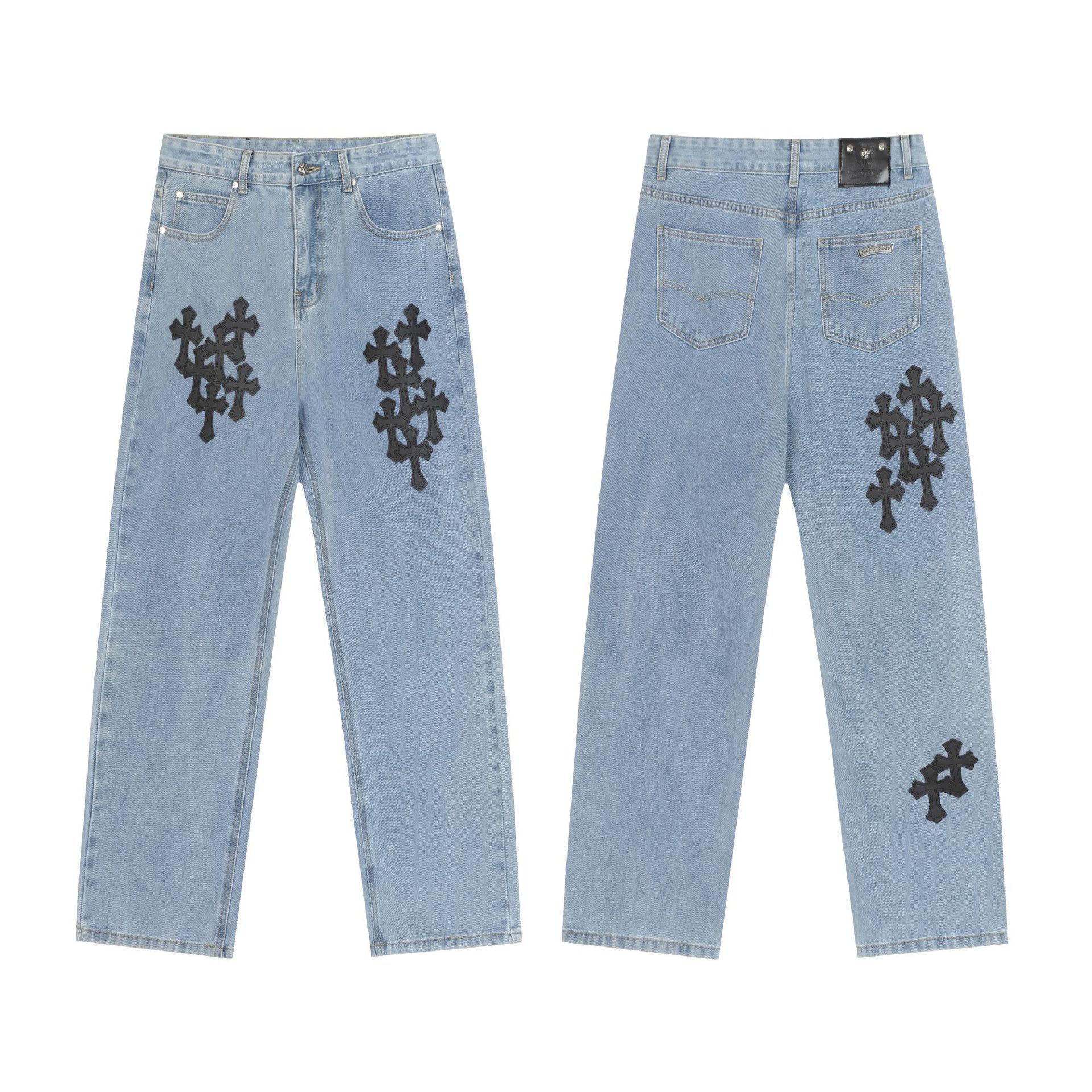 Chrome Hearts クロムハーツ ワイドデニム クロスレザー パッチワーク 男女兼用  レディース メンズ 513