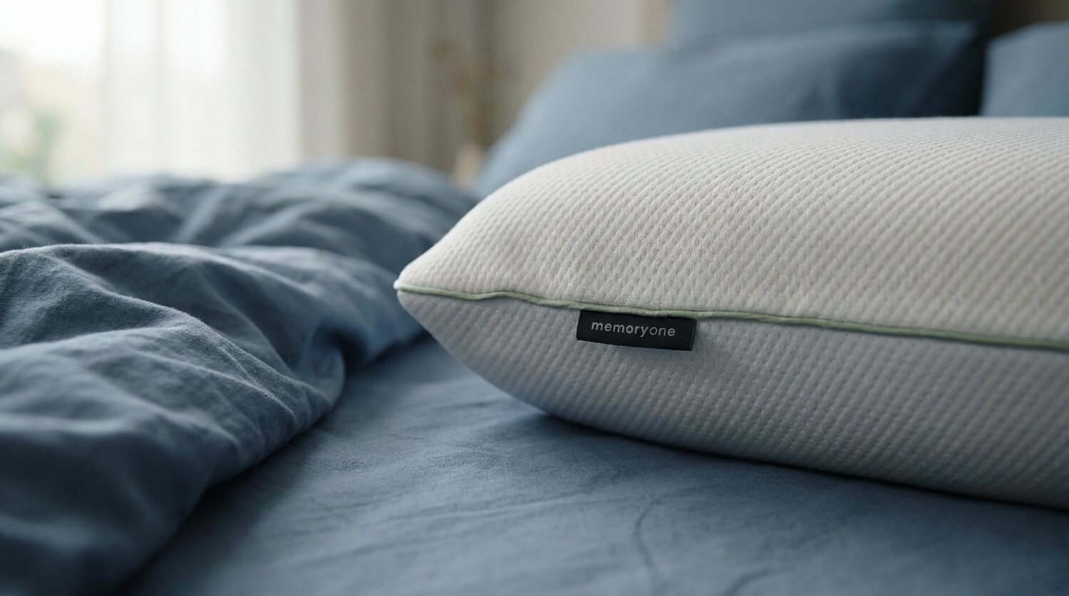 Close view of the MemoryOne® Hybrid Pillow and its green piping against dusty-blue bed linen