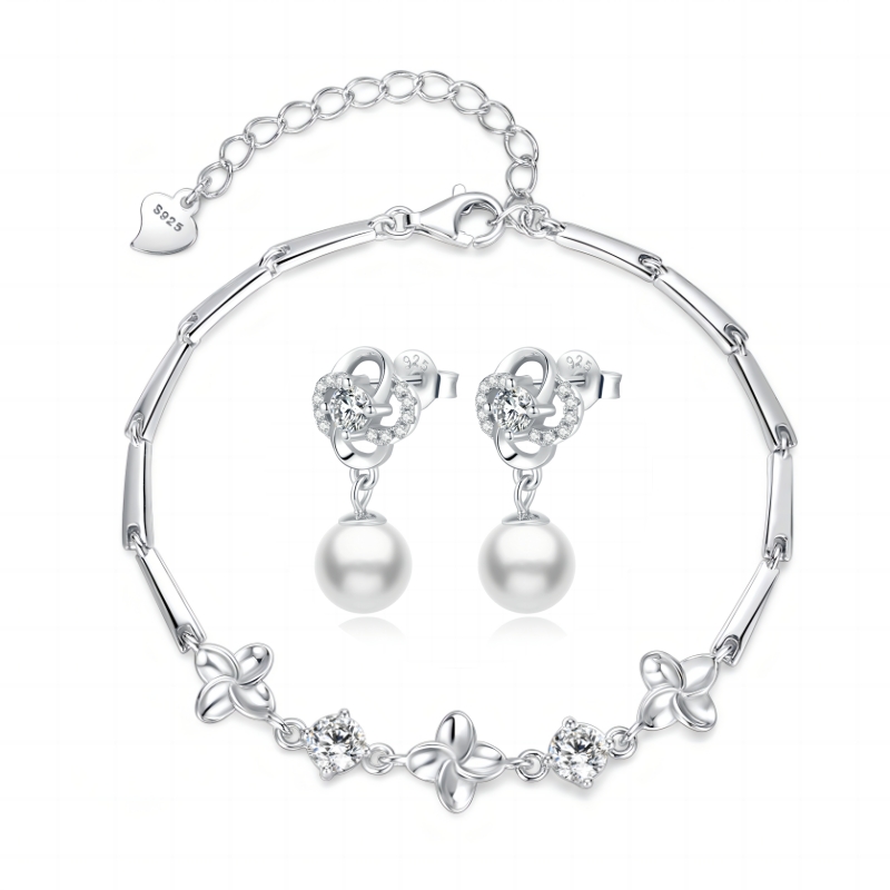 Healife Bracelet Earrings Lucky Four-Leaf Clover S925 Silver Sterling Moissanite Diamond Rose White Gold