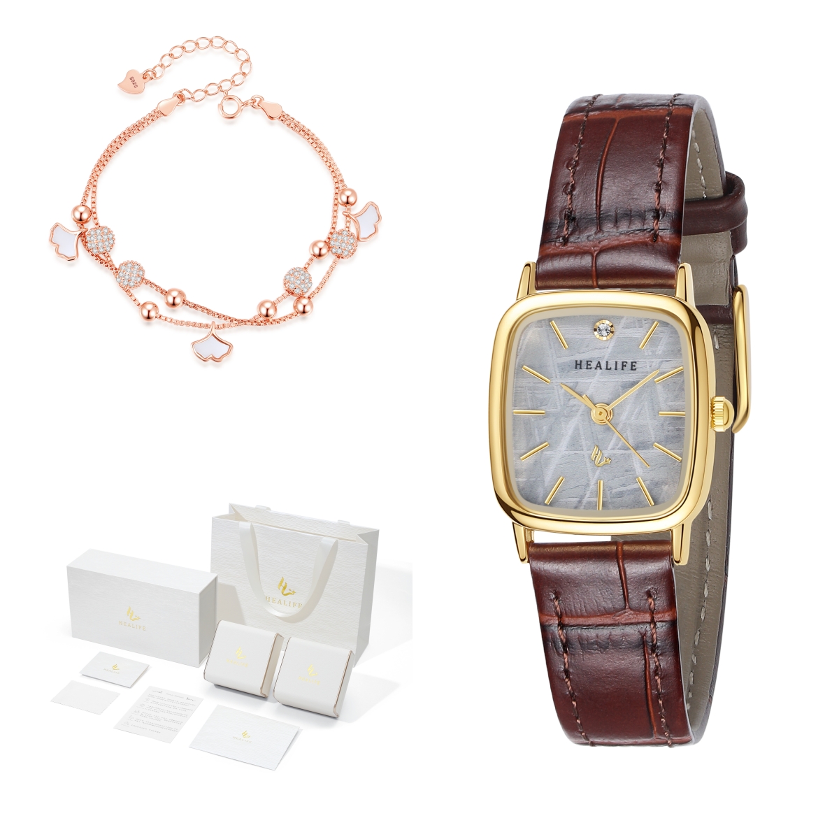 Healife Brown Watch and Moissanite Ginkgo Leaf Bracelet Two-Piece Set With Gift Box
