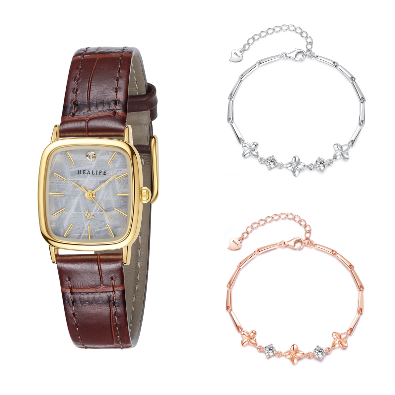 Healife Brown Watch and Moissanite Four-Leaf Clover Bracelet Two-Piece Set With Gift Box