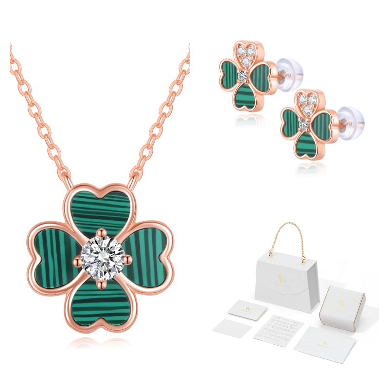 Healife Necklace Earrings Two-Piece Set Lucky Four-Leaf Clover S925 Silver Sterling Malachite Cubic Zircon Rose Gold