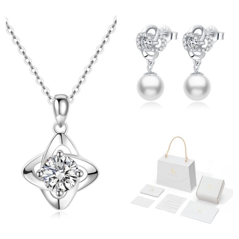 Healife Necklace Earrings Lucky Four-Leaf Clover S925 Silver Sterling Moissanite Diamond Rose White Gold