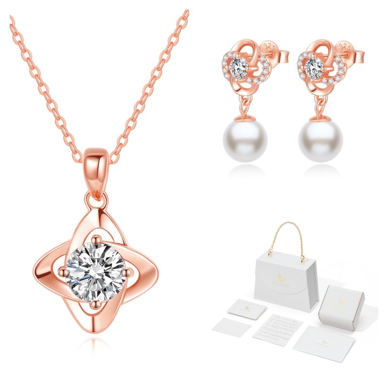 Healife Necklace Earrings Lucky Four-Leaf Clover S925 Silver Sterling Moissanite Diamond Rose White Gold