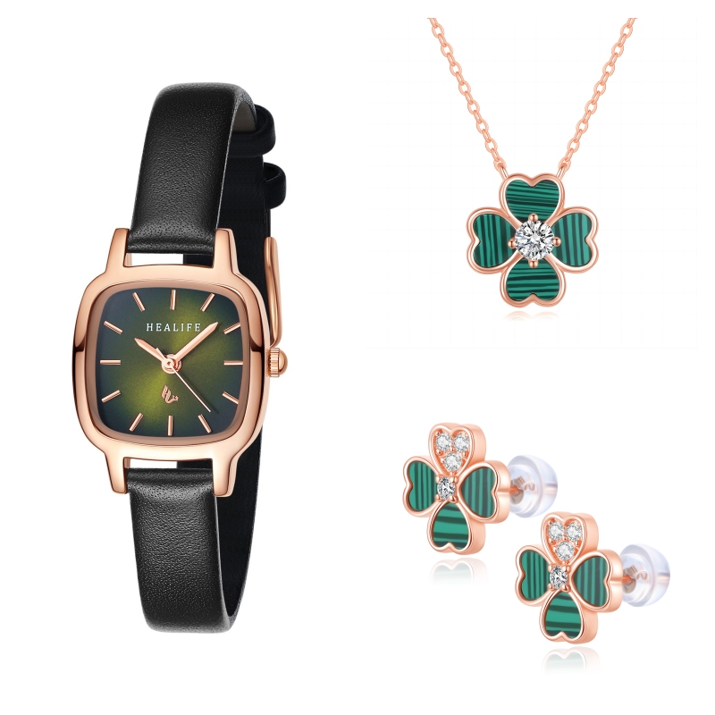 Healife Green Watch and Malachite Four-Leaf Clover Necklace Earrings Three-Piece Set With Gift Box