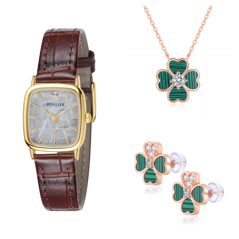 Healife Women's Watch and Malachite Four-Leaf Clover Necklace Earrings Three-Piece Set With Gift Box