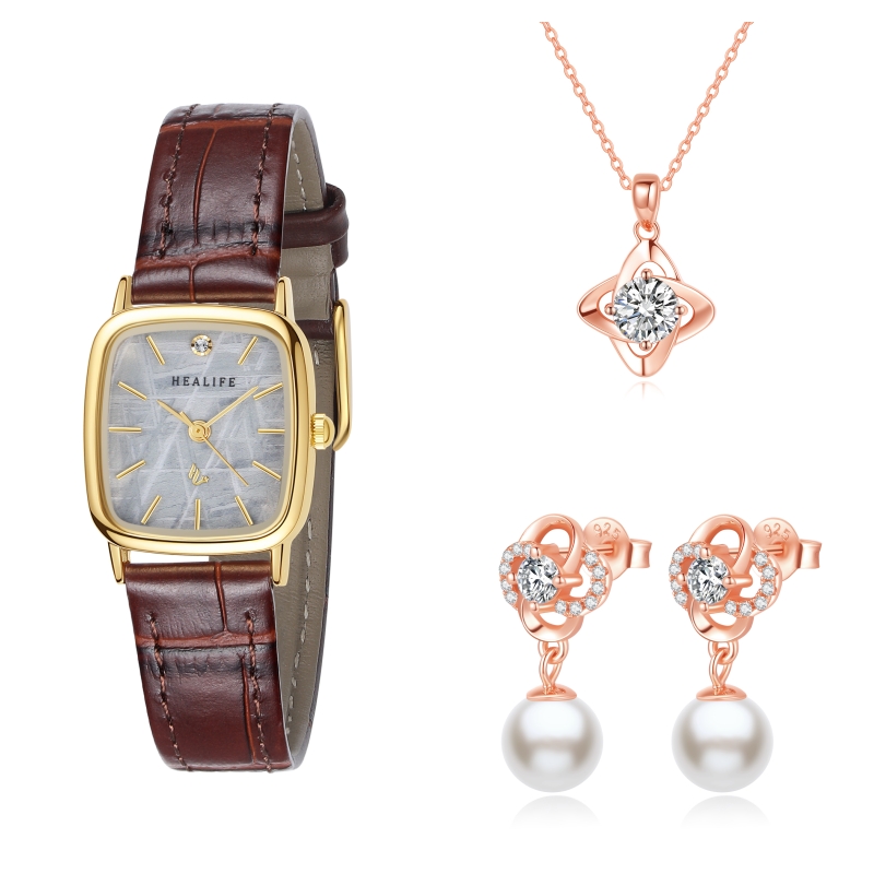Healife Women's Watch and Moissanite Four-Leaf Clover Necklace Earrings Three-Piece Set With Gift Box