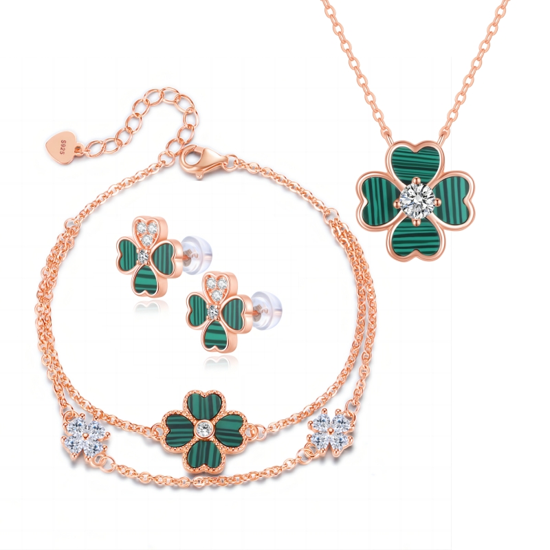 Healife Jewelry Set Necklace Bracelet Earrings Three-Piece Set Lucky Four-Leaf Clover S925 Silver Sterling Malachite Cubic Zircon Rose Gold