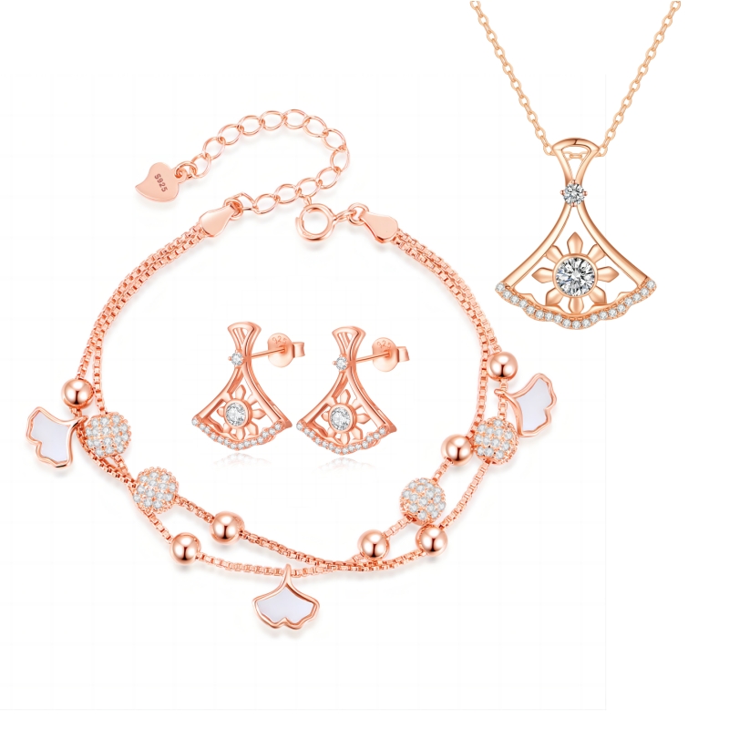 Healife Jewelry Set Necklace Bracelet Earrings Three-Piece Set Ginkgo Leaf Skirt Hem Moissanite Diamond S925 Silver Sterling Rose Gold With Gift Box