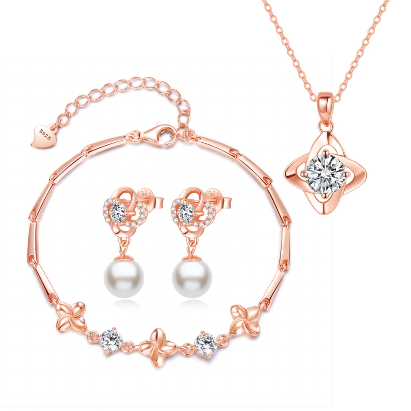 Healife Lucky Four-Leaf Clover Jewelry Set Necklace Bracelet Pearl Stud Earrings  S925 Silver Sterling Moissanite Diamond Rose White Gold With Gift Box