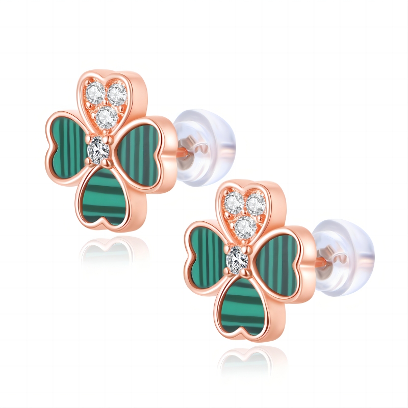 Healife Earrings Lucky Four-Leaf Clover Design S925 Silver Sterling Malachite Rose Gold