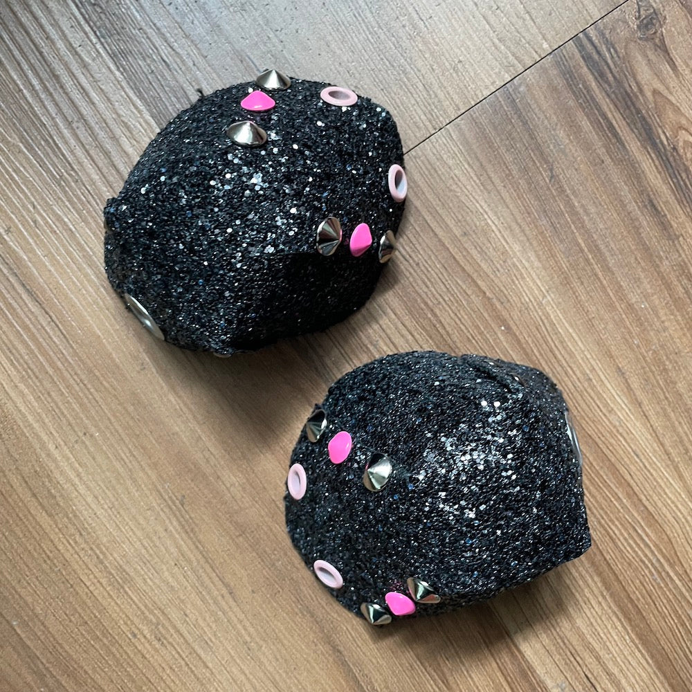 QUAD SQUAD - Black Chunky Glitter (Black & Pink Spikes) Roller Skate Toe Caps