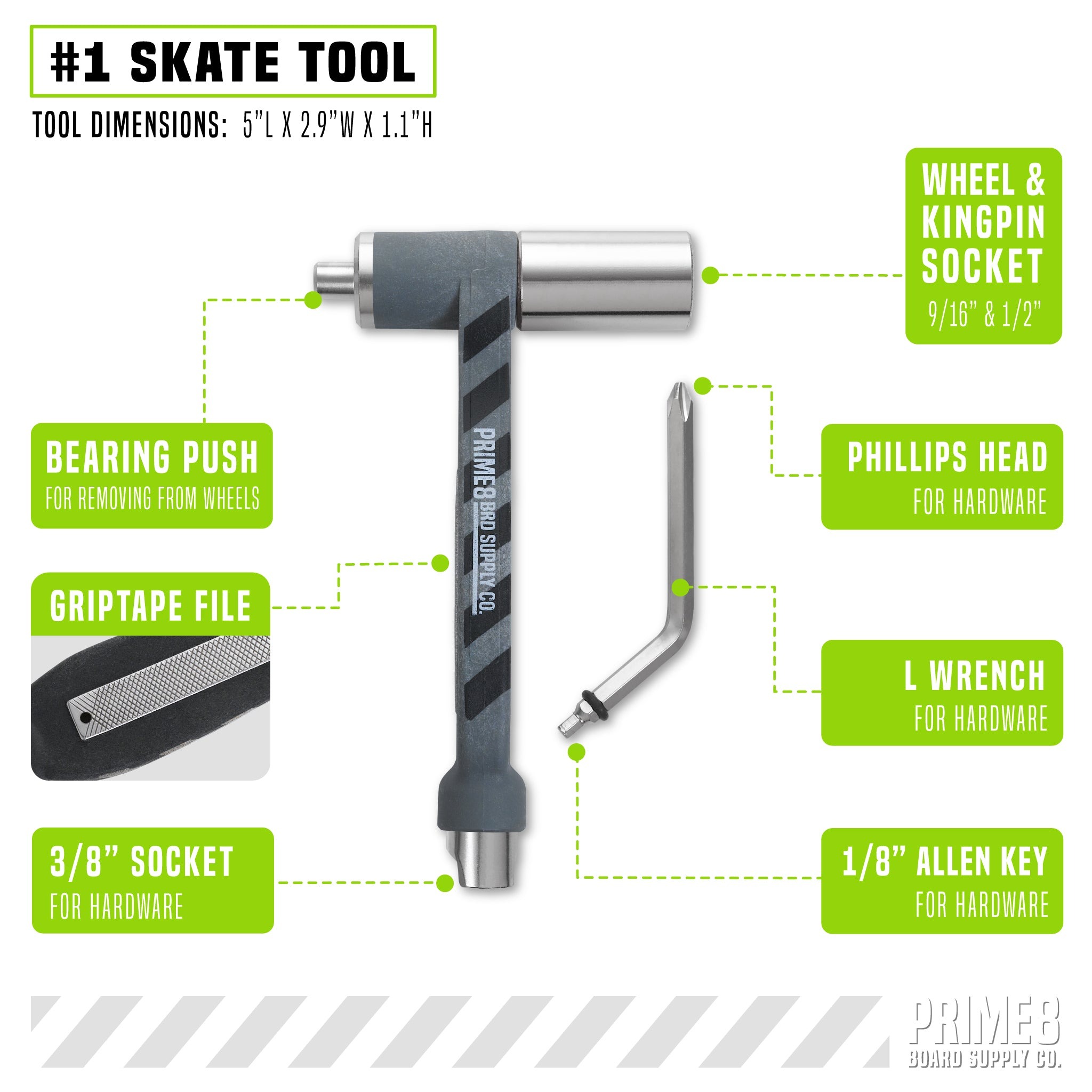 PRIME8 - Black Compact Skateboard Tool