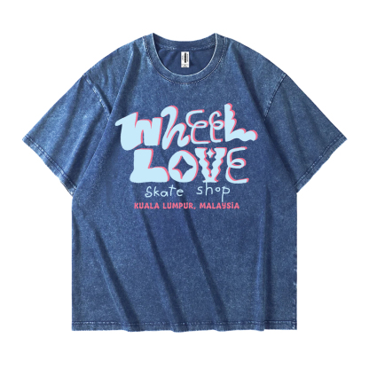 WHEEL LOVE - Typography Denim Blue Acid Wash T-Shirt