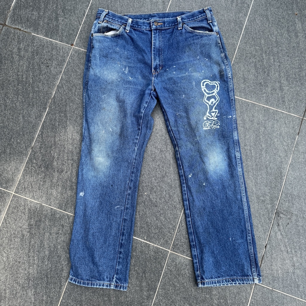 WHEEL LOVE - Dickies Pants Customised By Bao Goods (Waist 35" / Baggy Blue Jeans)