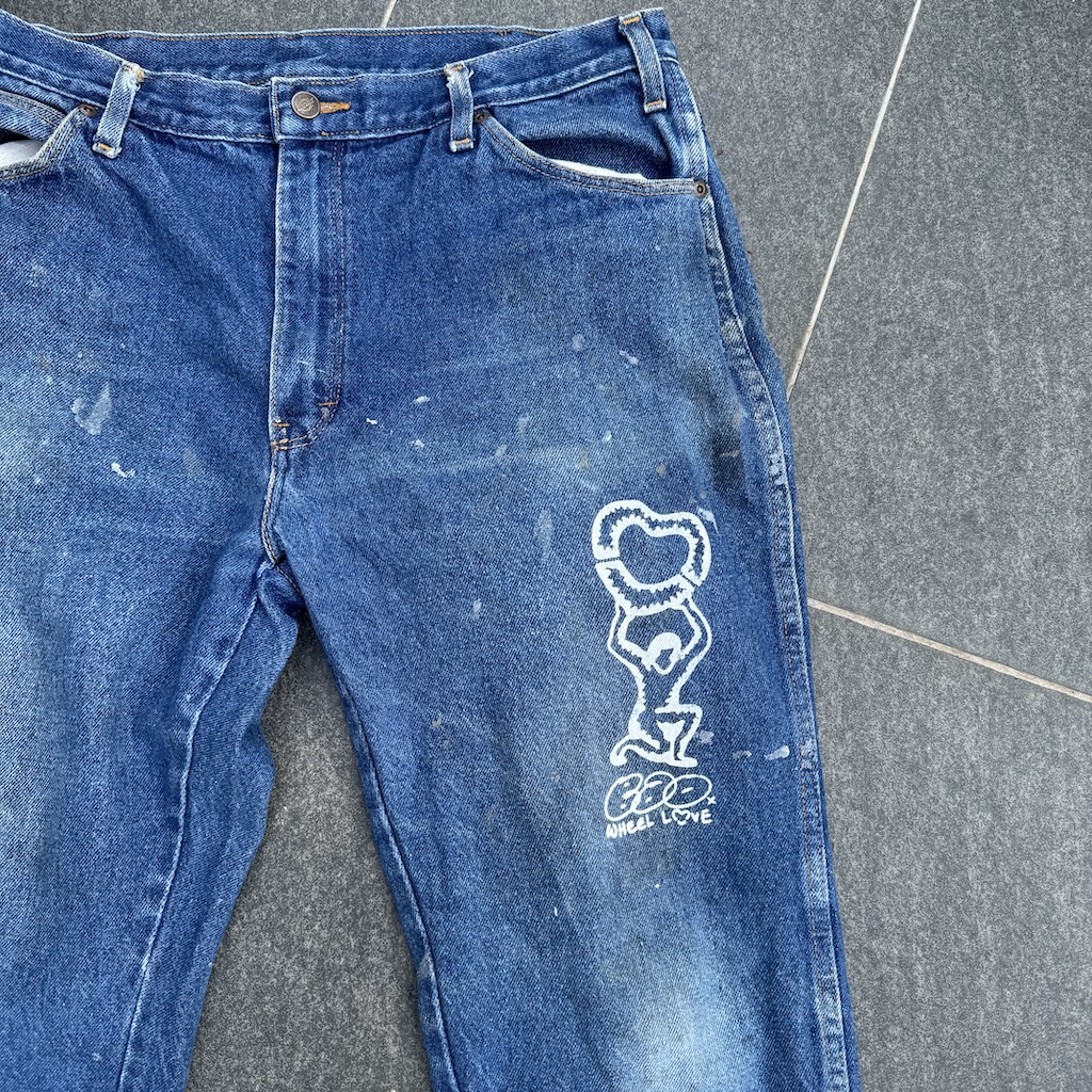 WHEEL LOVE - Dickies Pants Customised By Bao Goods (Waist 35" / Baggy Blue Jeans)